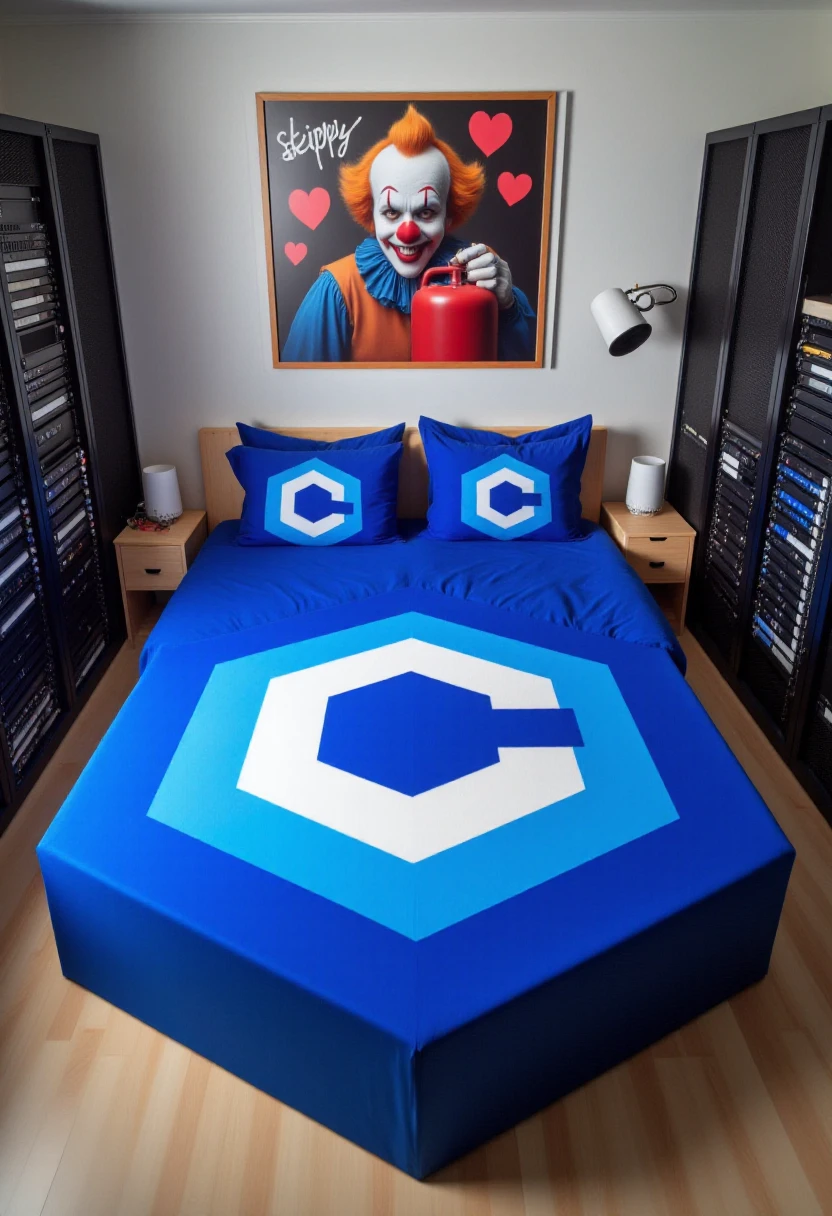 <lora:Custom_Bed_Manufacturer_FLUX:0.9>  <lora:civitaiLogoFlux:0.7>
This is a photograph of a computer server room with a unique, blue hexagon-shaped civitaiLogo bed as the central focus, with blue hexagon pillows. There is a picture frame above the bed with a realistic portrait of a scary looking clown holding a red gas can. The portrait is surrounded by hearts, and there is a handwritten signature "skippy".