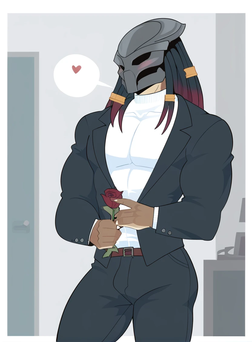 p-a-p, solo, 1boy, muscular male, thick arms, big pecs, thick thighs, predator \(franchise\), alien, yautja, dreadlocks, hair, pseudo hair, mask, helmet, headgear, turtleneck, suit pants
, blush, holding rose towards viewer, date, romantic setting, <3
, detailed background, indoors, luxury apartment
, flat color, five digits
, <lora:p-a-p_style-000019:1>, <lora:predator-yautja_pdxl:1>, score_9, score_8_up,