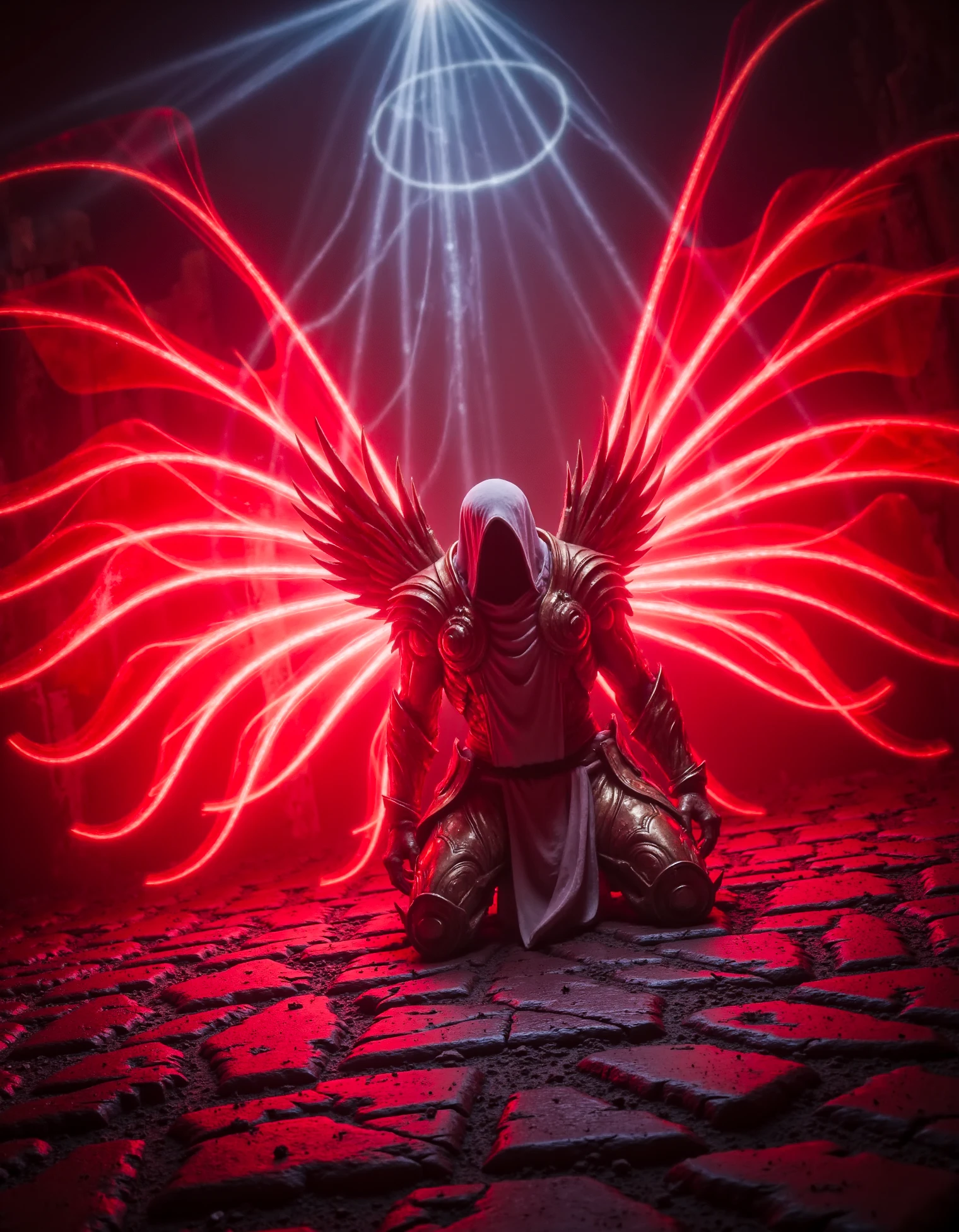 zavy-thrlngl, an angel with red ethereal wings kneels in dungeon