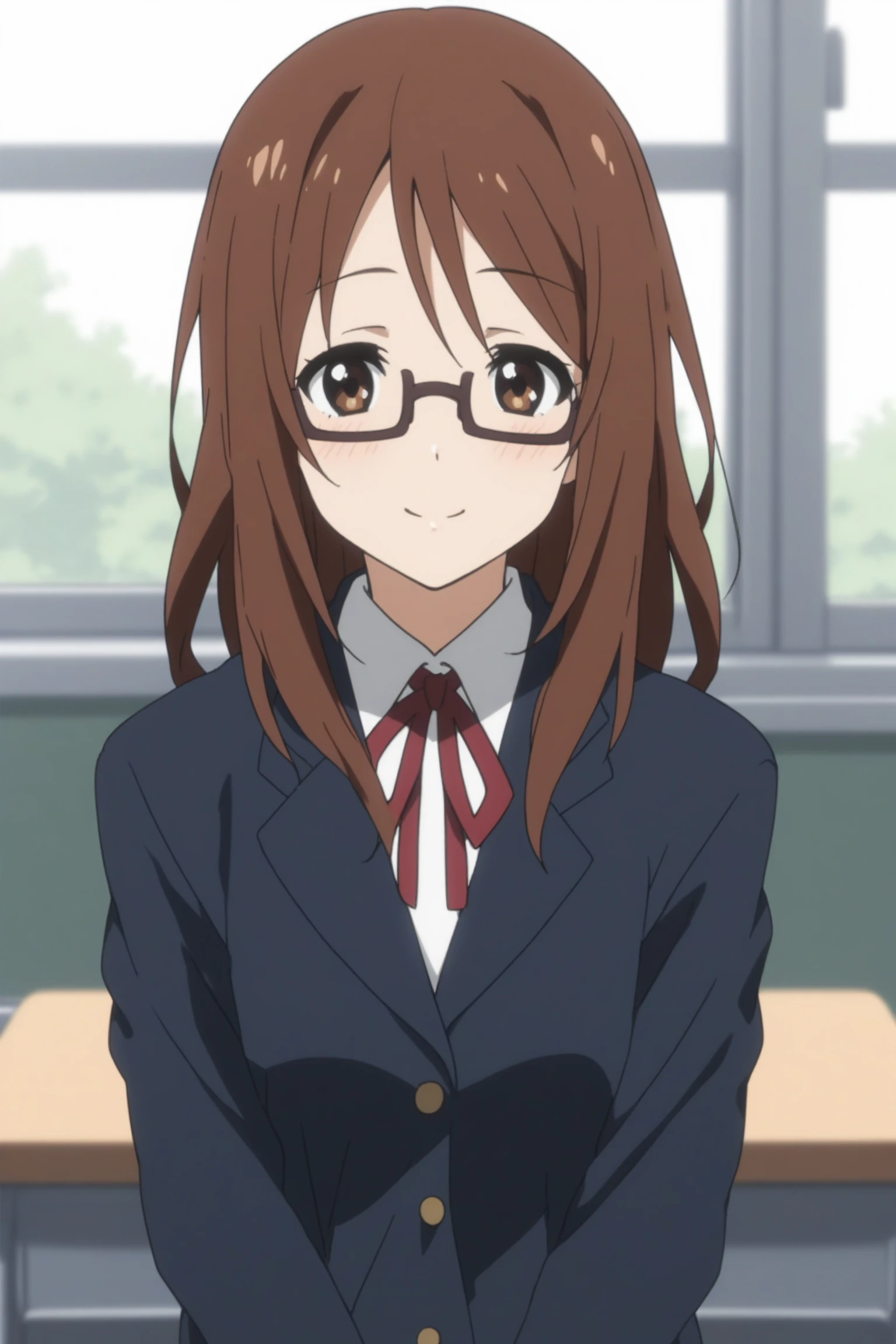 score_9, score_8_up, score_7_up, score_6_up, score_5_up, source_anime, rating_safe, medium breasts, classroom, 1girl, solo, looking at viewer, (upper body:1.1), yamanaka sawako, long hair, brown hair, brown eyes, semi-rimless eyewear, brown eyewear, sakuragaoka high school uniform, school uniform, blazer, black jacket, white shirt, collared shirt, red ribbon, grey skirt, pleated skirt, white socks, loafers, <lora:Sawako_Yamanaka:0.8>