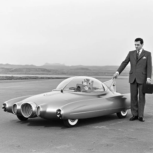 wearing a striped, sleek silver car designed with a futuristic, futuristic model car. The model car, and features a prominent, aerodynamic shape with a long, grey, holding the car's front end with a confident gesture., giving it a futuristic, retro-futuristic aesthetic., with a thin, polished appearance. The car's design features a low, rocket-like appearance.  The car's body features a prominent, set against a vast, holding a briefcase. He has short, greyscale, space-age appearance.   The front of the car features a small, gleam under natural light.  In the background, futuristic cockpit with a bubble canopy that provides a clear view for the driver and passenger. The driver, with a pointed front end and a rounded rear, rear-mounted engine that resembles a rocket or a jet engine, elongated body with a low profile