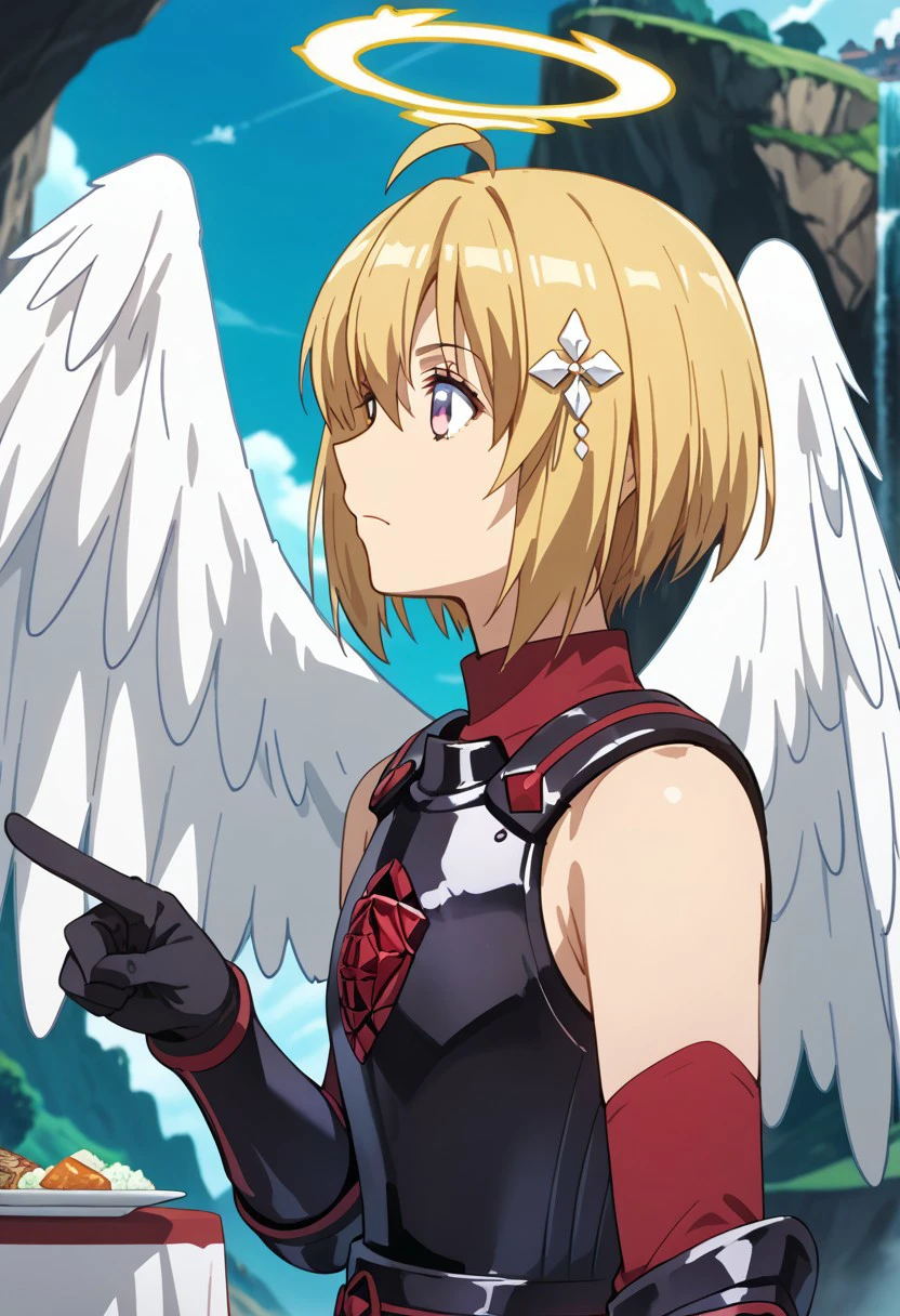 score_9,score_8_up,score_7_up,source_anime,Kaede Honjou (Loving Sacrifice),1girl,solo,hair ornament,gloves,closed mouth,bare shoulders,purple eyes,upper body,ahoge,wings,sky,black gloves,elbow gloves,cloud,armor,from side,profile,pointing,feathered wings,angel wings,white wings,breastplate,floating island,