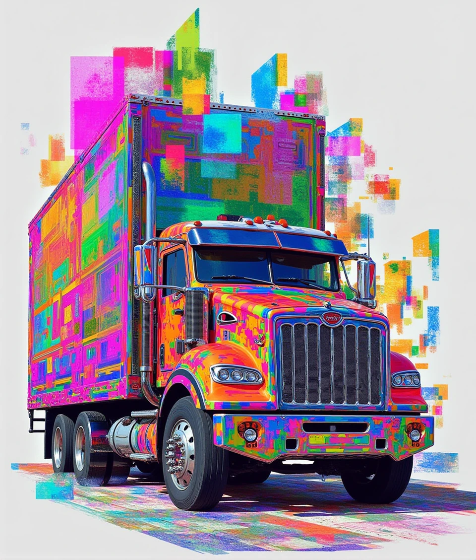 glitch-tech style,a truck in the rune_factory, 