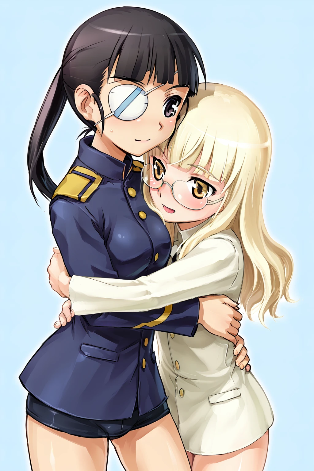 score_9, source_anime, 2girls, perrine, glasses, mio, eyepatch, hugging, yuri