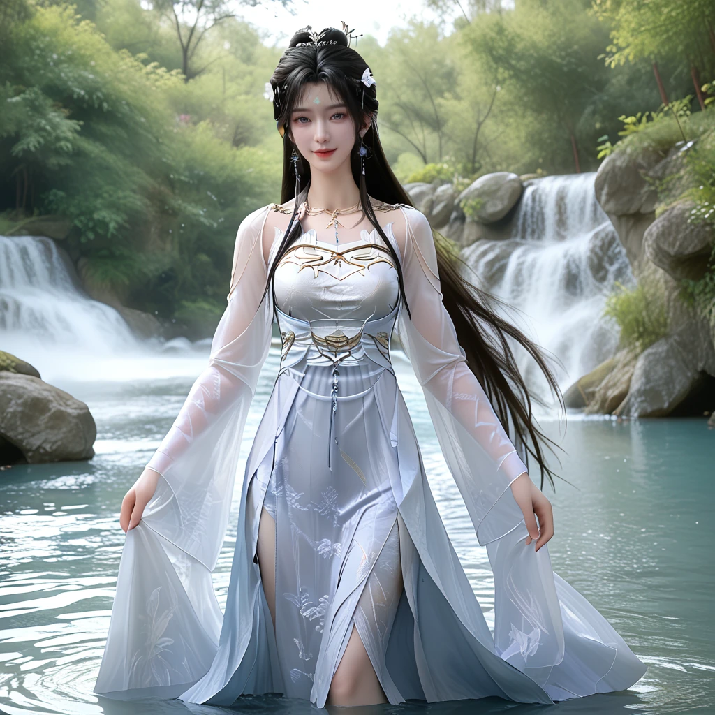 <lora:ponyqingyi25v:1>,score_9,score_8,score_7_up,source_real,real skin BREAK qingyi,looking at viewer,white chinese clothes,water,smile,