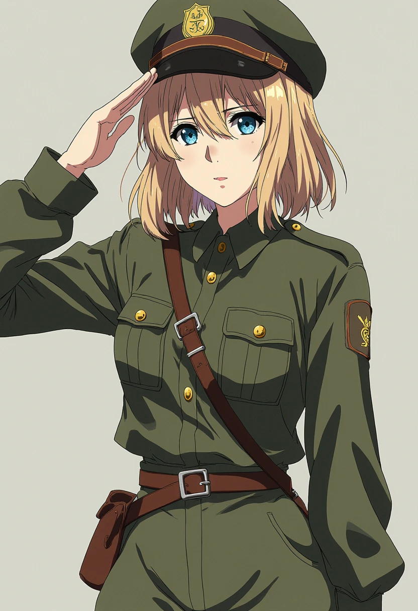 Anime style, sharp, high contrast and highly detailed. Ghibli anime style. Perfect anatomy. Perfect body ratio. No oversized head. No blurry, out of focus pictures. No simple background, no single color background
 <lora:Violet_evergarden_violet_flux_2_2:1> violeteg, blonde,,
She is in a military-style outfit. She wears a green uniform consisting of a long-sleeved buttoned shirt with two large, utilitarian pockets on the chest and a pair of matching green shorts. The outfit is cinched at the waist with a brown belt that features a metallic buckle, giving the look a structured appearance.
Her look is completed with tall brown lace-up boots, which reach almost to her knees, folded over at the top for added detail. She also carries a brown strap across her shoulder, adding to the military aesthetic. She is facing the camera, making a military solute.