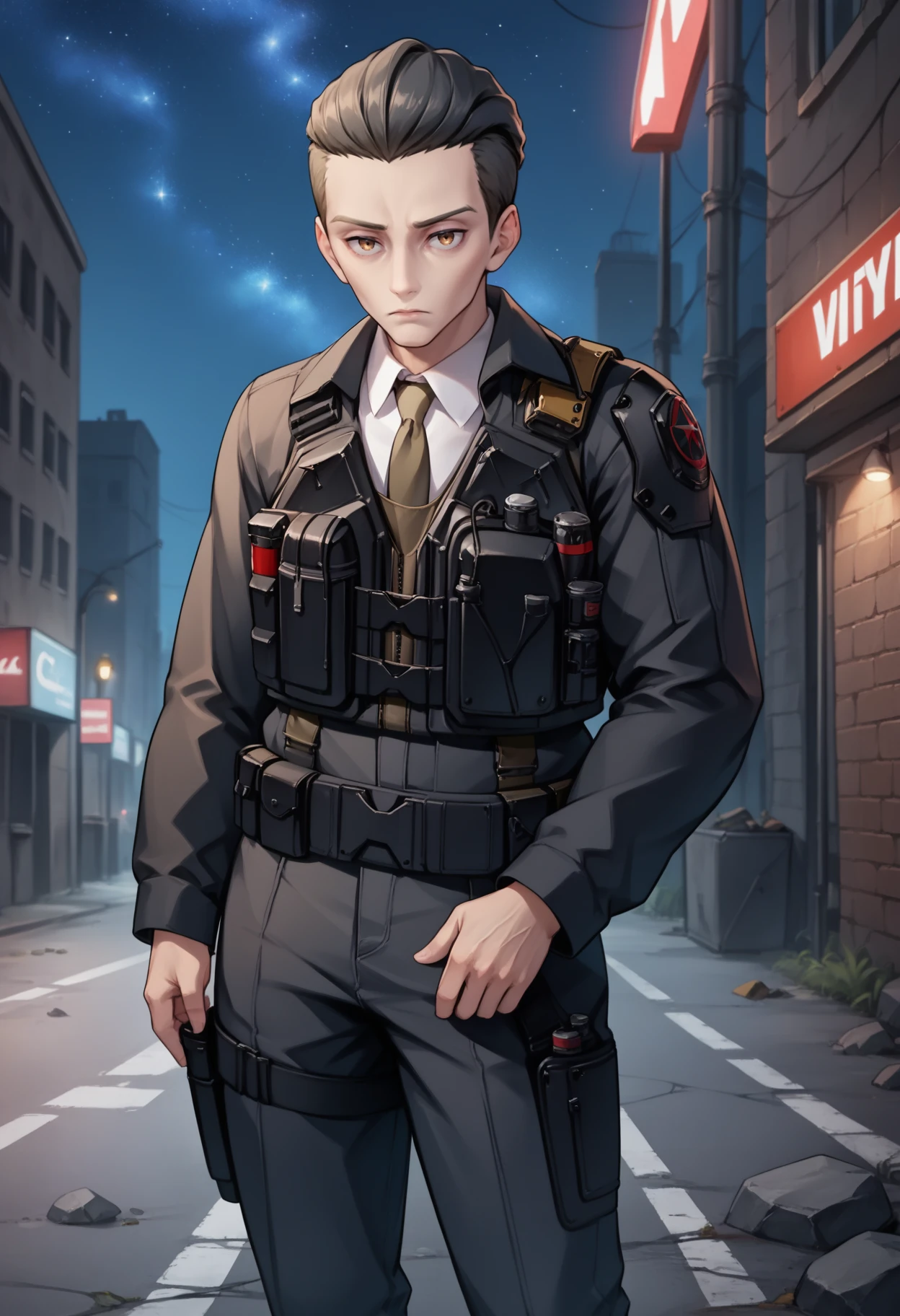 score_9, score_8_up, score_7_up, source_anime BREAK male focus, <lora:oswald-nikke-richy-v1_pdxl:1>, solo, oswald, brown eyes, black hair, hair slicked back, short hair, jacket, collared shirt, brown necktie, bulletproof vest, pants, military uniform, looking at viewer, closed mouth, dark, darkness, night, night sky, starry sky, standing, holster, city, post-apocalypse, black jacket, black pants, ruins, debris, wrinkled skin, mature male, old man,