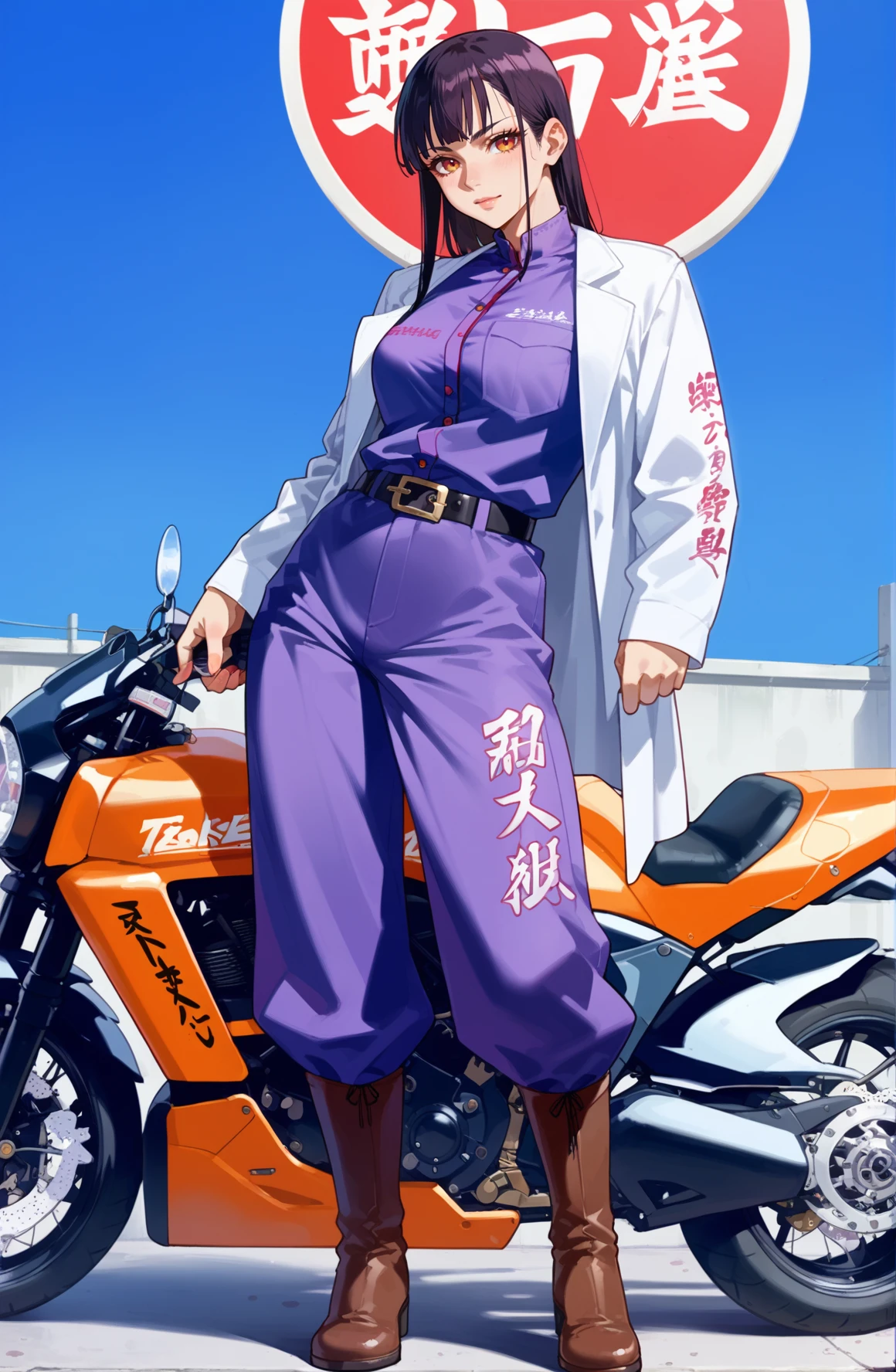 Score_9, Score_8_up,Score_7_up, Score_6_up,Score_5_up, Score_4_up, Source_anime, Rating_questionable, 1girl, 18 years old girl,<lora:Tokko-Fuku-000002:0.6> tokko-fuku, purple jumpsuit, White Coat, shirt, Full body, solo, boots, belt, clothes writing, Japanese text, long sleeves, ground vehicle, motorcycle, sexy pose, bend over