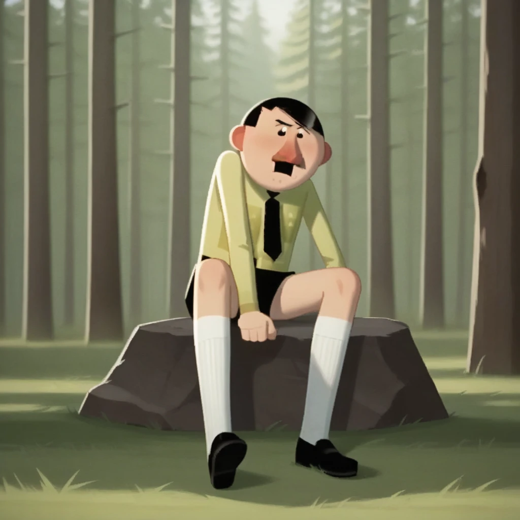 score_9_up, score_8_up, BREAK, Hitler, 1boy, solo, black hair, short hair,  black eyes, shirt, black necktie,  white socks, black footwear, <lora:Hitler_LoveDeathRobots_PXL_Leaf1:1>, sitting on rock, forest,