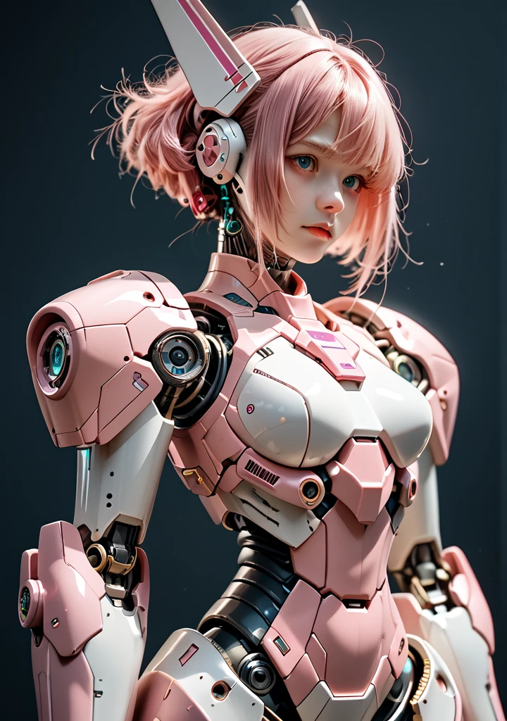 (masterpiece), best quality, expressive eyes, perfect face, blonde hair, curly hair, green eyes, robot, robot lady, robot features, female robot, solo, (pink metal:1.5), pink robot, small breasts, thick thighs, short hair, shy expression, metal face, robot face, hair over one eye