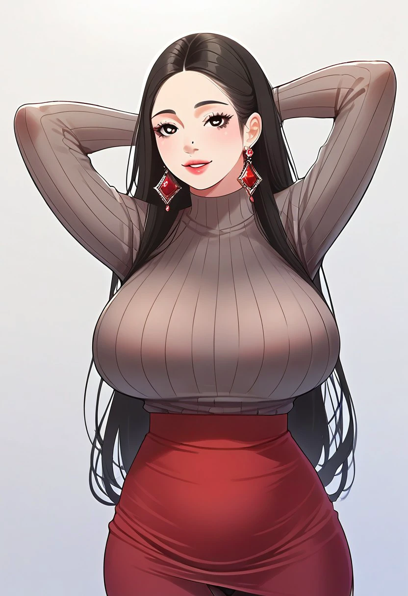 score_9, score_8_up, score_7_up, ASCII masterpiece, source_anime, BREAK, 1girl, solo, (( <lora:da_bo-jeong:1> , da_bo-jeong, thin waist, wide hips, beautiful skin, piercing dark brown eyes, clear eyes, bright pupils, beautiful eyes, beautiful black hair, beautiful long hair, huge and shaggy breasts, natural beauty, extraordinary beautiful woman, attractive woman, super sexy woman, lustful body, sexy woman with seductive obscene body, sensual body, voluptuous body, sexy beauty, no piercings, no piercing, (1mole on nose, ) , )) , ((sexy long-sleeves high-neck transparent grey top, red pencil skirt, transparent black pantyhose, big red earrings, black panties, )) , looking at viewer, sexy pose, cowboy shot, seducative smile, sexy, hands behind head,