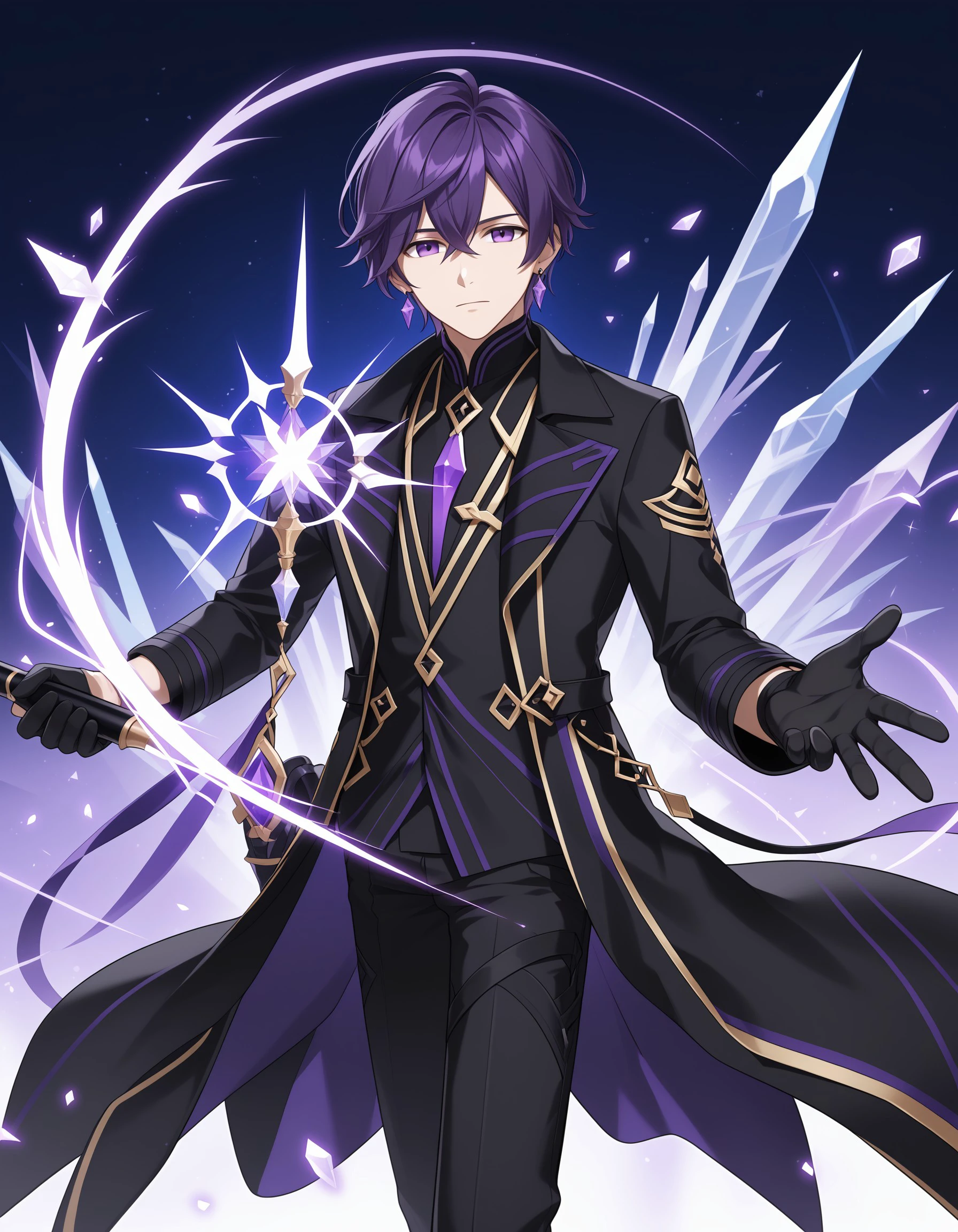 (masterpiece), best quality, expressive eyes, perfect face,ain, solo, looking at viewer, short hair, black hair, gloves, long sleeves, 1boy, holding, hair between eyes, jewelry, weapon, purple hair, male focus, earrings, black gloves, pants, holding weapon, coat, feet out of frame, black pants, black coat, crystal, <lora:2a329c38-ef33-4eef-a68e-2bb001c5694e:0.7>