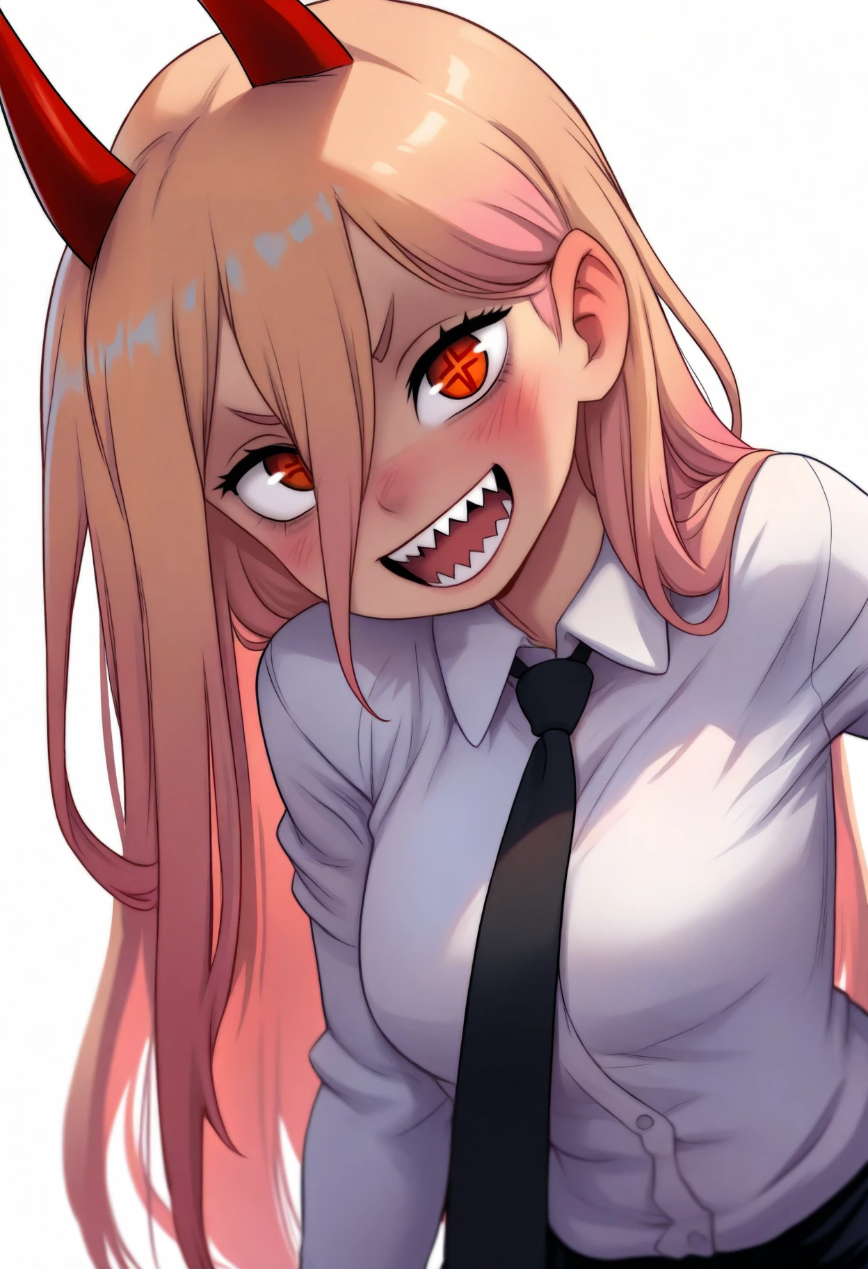 xaxaxa,
best quality, amazing quality, very aesthetic, absurdres,
1girl, power \(chainsaw man\),  pink hair, blonde hair, red horns,   red eyes, cross-shaped pupils, long hair, sharp teeth, hair between eyes, symbol-shaped pupils, 
collared shirt, black necktie, long sleeves,
looking at viewer, white shirt, open mouth, 
simple background, white background, smile, upper body <lora:XaxaxaIllustriousXL_byKonan:1>