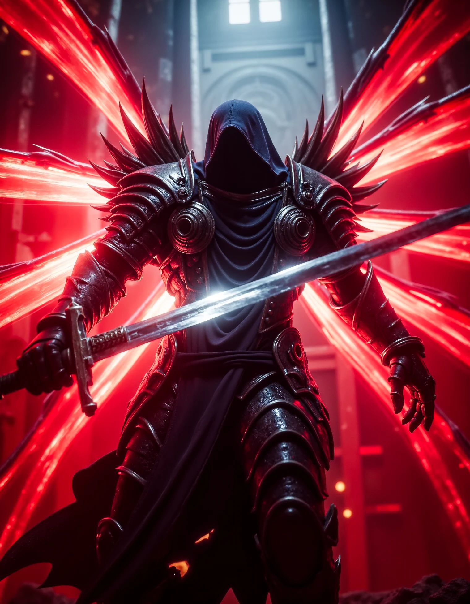 zavy-thrlngl, close-up action portrait shot of an fallen angel with red ethereal wings wearing black armor and black hood in a satanic cathedral in combat with his huge sword aimed at the camera while the sickly glow of demonic energy seeps into view, dynamic pose, action pose, dynamic angle, knight,