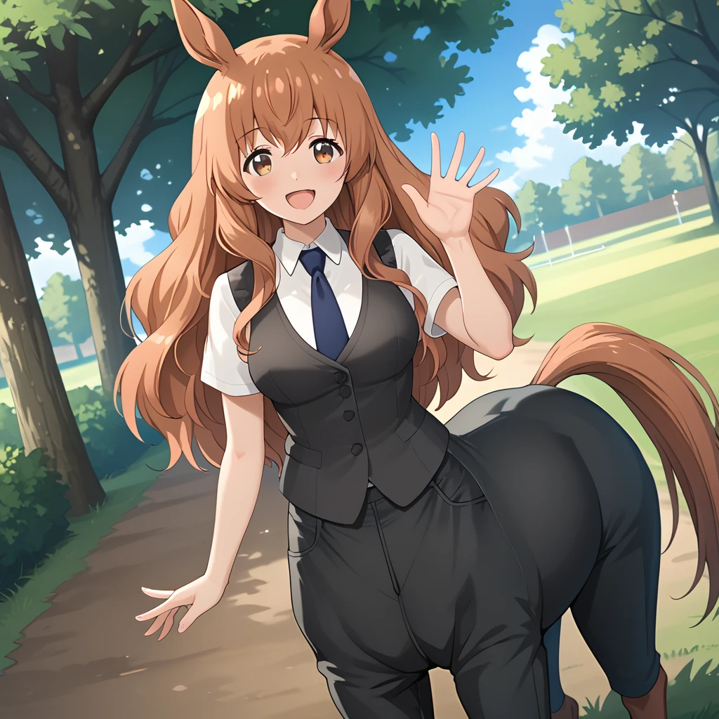 score_9, score_8_up, score_7_up, 1girl, solo, uncensored, himenokimihara, horse girl, horse tail, horse ears, hooves, long brown hair, blue necktie, black vest, (black pants:2), centaur, smile, open mouth, waving, looking at viewer, dutch angle,  outdoors, park, trees, grass  <lora:HimenoKimiharaXL_v1.0:1>