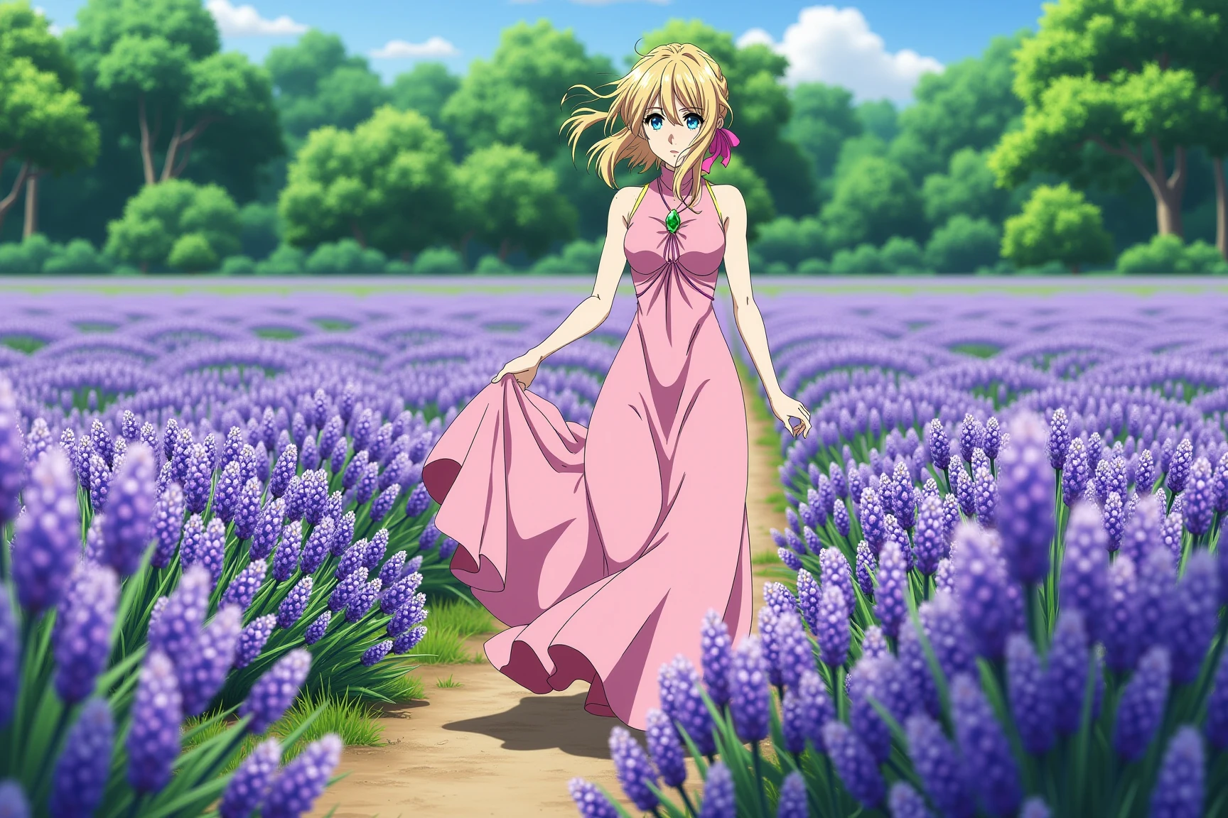 Anime style, sharp, high contrast and highly detailed. Ghibli anime style. Perfect anatomy. Perfect body ratio. No oversized head. No blurry, out of focus pictures. No simple background, no single color background
 <lora:Violet_evergarden_violet_flux_2_2:1> violeteg, blonde,,
She is wearing a long pink dress and ribbon with an emerald brooch, standing in a lavender field.