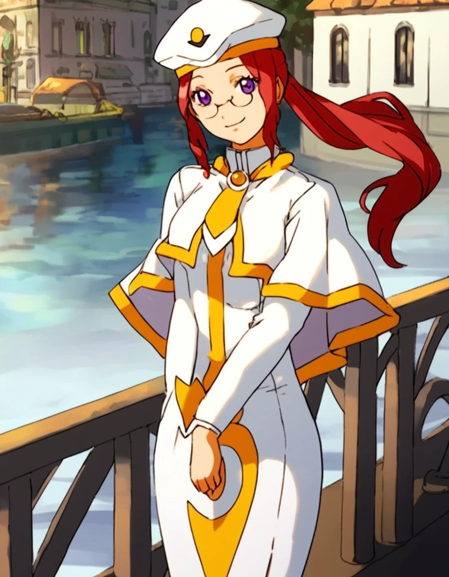 anime artwork, score_9, score_8_up, score_7_up, anime style, studio anime, highly detailed, hd ultra detail, high quality, 1girl, atora monteverdi, orange planet uniform, 1girl, solo, long dress, uniform, dress, hat, purple eyes, white dress, capelet, high collar, red hair, white capelet, long sleeves, long hair, complex background, outside, venice, canal, cowboy shot, glasses, <lora:atora-light:0.8>, looking at viewer, smile, on boat, white gondola, gold trim, white oar, holding oar