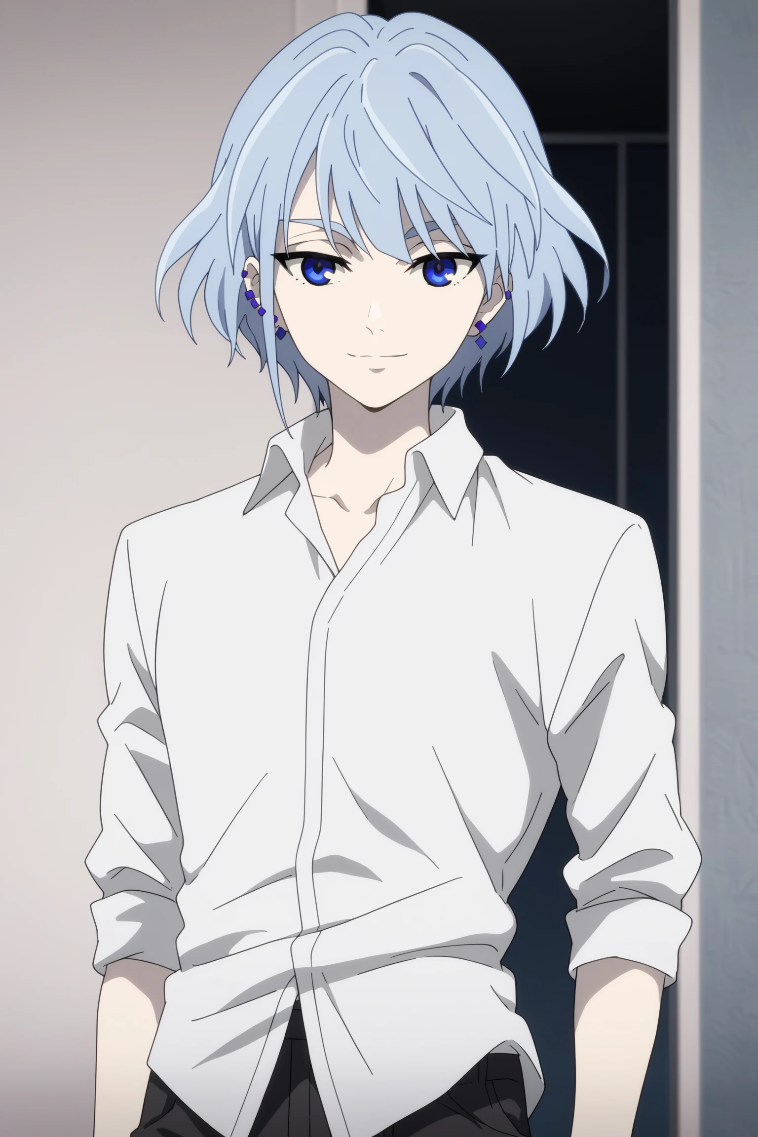 score_9, score_8_up, score_7_up, source_anime, absurdres, ((cowboy shot, perfect anatomy)), 1boy, solo, male focus, toned, white shirt, ((slim, khun, light blue hair, dark blue eyes, earrings, tsurime, pale skin)), black eyeliner, seductive smile, (leaning back), background