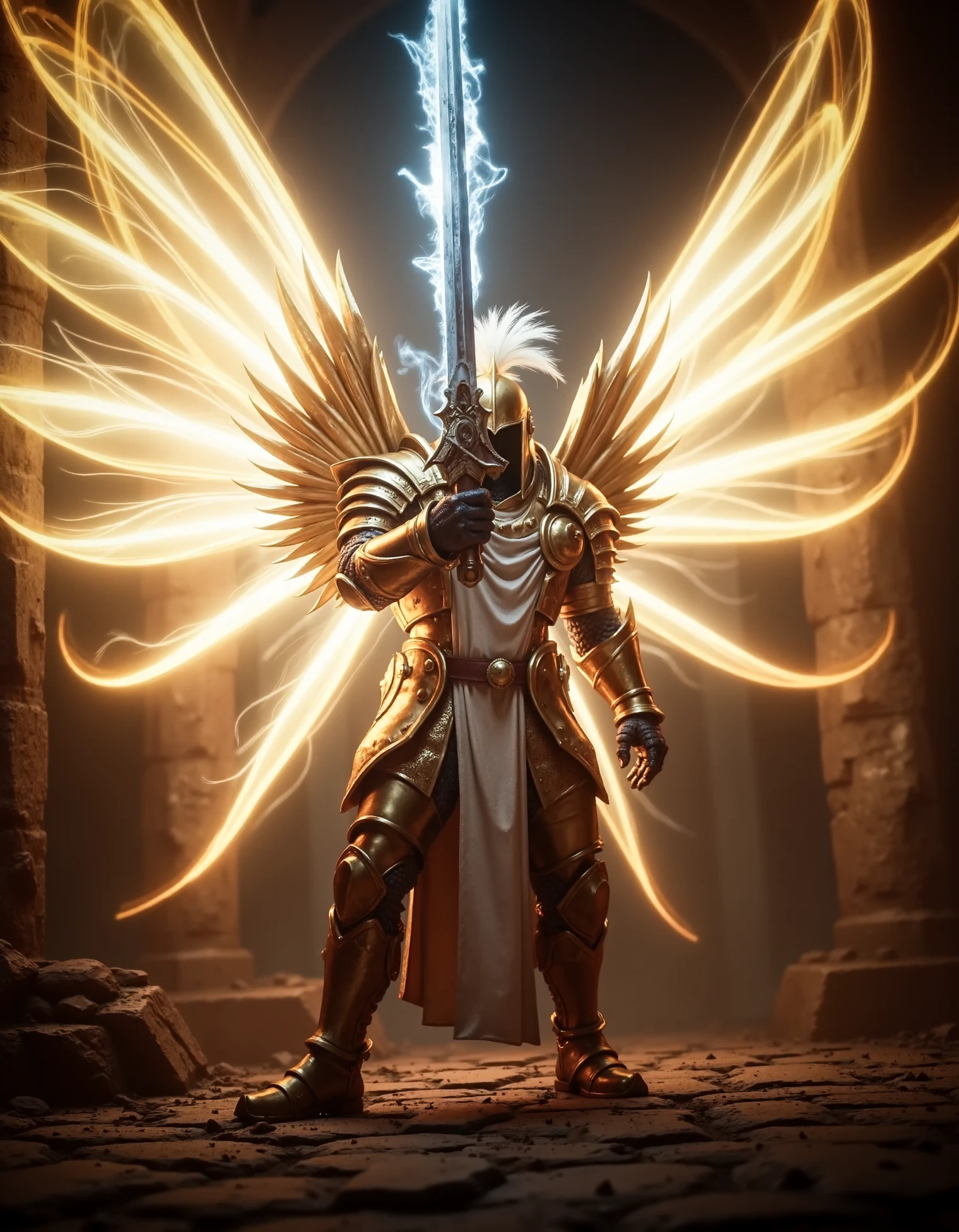 zavy-thrlngl, close-up action portrait shot of an angel with golden ethereal wings wearing golden armor and gold greek helmet with feathers in a dungeon in combat with his huge sword aimed at the camera while the sickly glow of demonic energy seeps into view, dynamic pose, action pose, dynamic angle, knight,