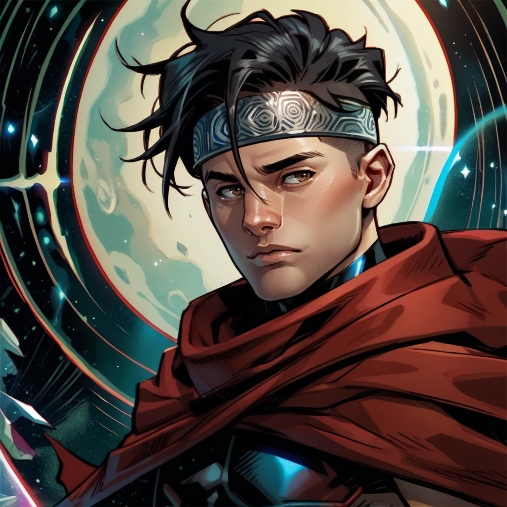 portrait of B_wiccan man, ((1boy)), black hair, undercut, brown eyes, red cloak, solo, silver headband,  <lora:B_wiccan-000009:1>, score_9, score_8_up, score_7_up, <lora:Smooth Anime 2 Style SDXL_LoRA_Pony Diffusion V6 XL:.3>   <lora:add-detail-xl:.8>  zPDXL3,