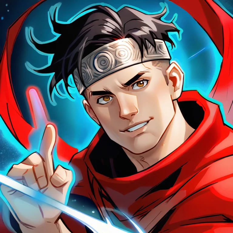 portrait of B_wiccan man, ((1boy)), black hair, undercut, brown eyes, red cloak, cutely smiling, solo, silver headband, wielding blue magic, looking at viewer  <lora:B_wiccan-000007:.8>  <lora:Smooth Anime 2 Style SDXL_LoRA_Pony Diffusion V6 XL:.7>  <lora:add-detail-xl:.8>