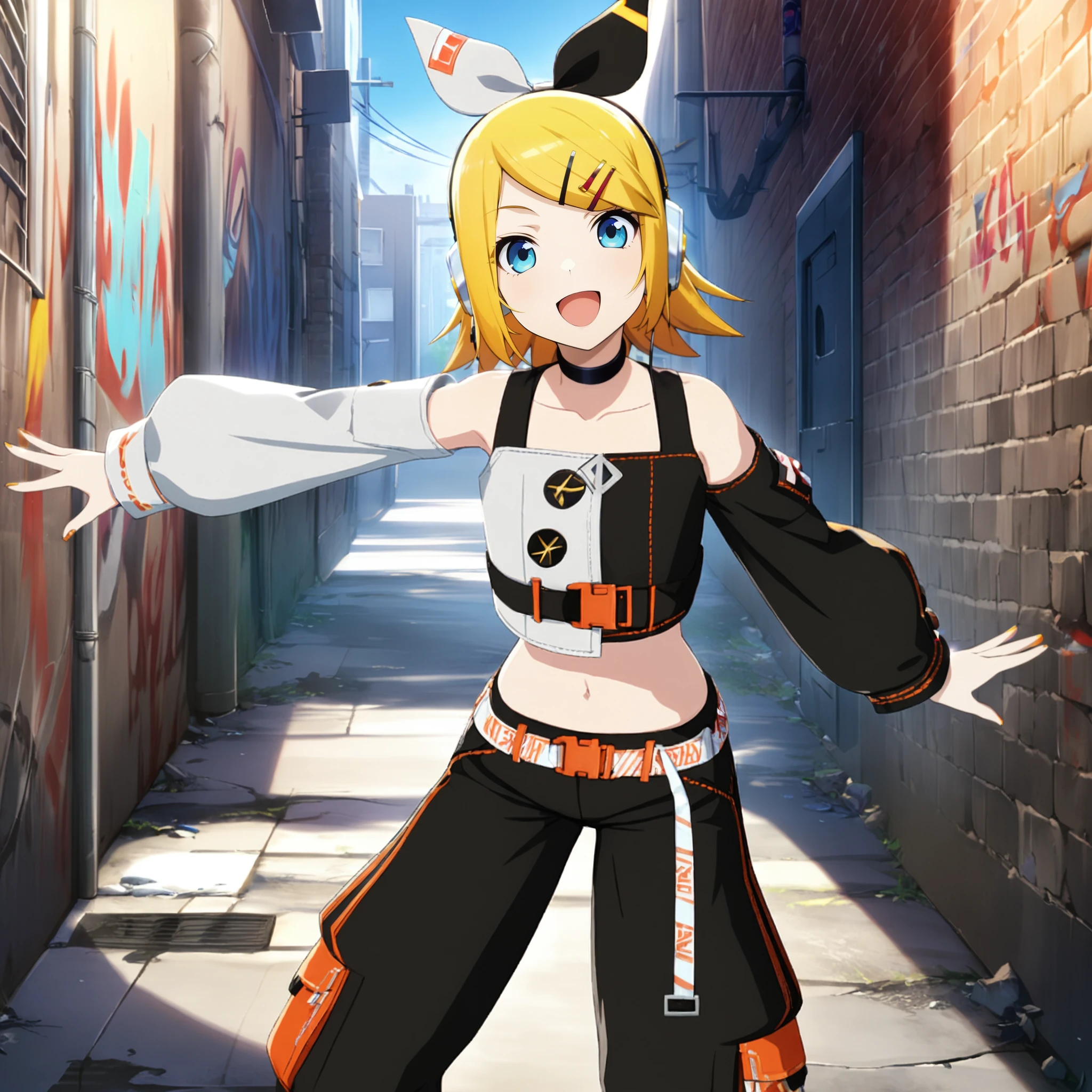 1girl, kaganime rin, vocaloid, masterpiece, very aesthetic, absurdres, official art,
brandnew rin, solo, blonde short hair, blue eyes, :D, contrapposto, legs apart, leaning forward, 
(looking at viewer:1.4), singing a song with microphone,  BREAK
asymmetrical sleeves, asymmetrical hair ribbon, black ribbon, white ribbon, navel, midriff, head phone, sleeves past wrists, 
alley, day sun light, brick wall, graffiti on wall, blue sky,
 <lora:sdxl-vs-BNRin05:0.9:lbw=0,0,0.2,0.2,0,0.4,0.4,0,0.8,0.8,0,0,0,0.8,0.8,0.6,0.8,0.0,0.0,0.0,0,0,0,0,0,0>