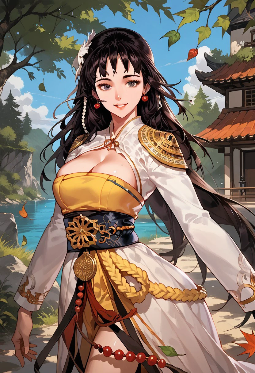 score_9,score_8_up,score_7_up,source_anime, SHAMAN_(DUNGEON_AND_FIGHTER),1girl,solo,breasts,looking at viewer,smile,large breasts,long sleeves,hair ornament,dress,cleavage,jewelry,outdoors,earrings,day,tree,sash,leaf,beads,hand in own hair,