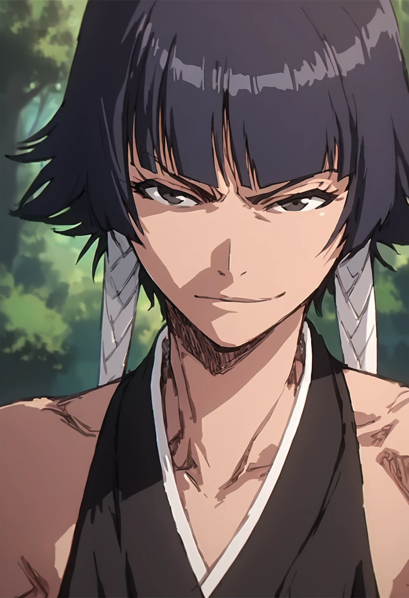 score_9, score_8_up, score_7_up, score_6_up, score_5_up, sui-feng, close-up, slight smirk, looking at viewer, sleeveless black kimono, forest <lora:Soi_Fon_v2:0.9>