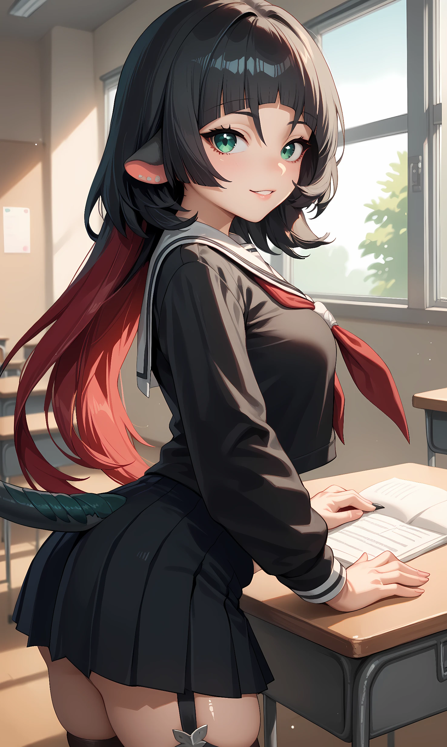 score_9, score_8_up, score_7_up, source_anime, 1girl, solo, indoors, classroom, cowboy shot, standing, looking at viewer, shiny skin, jane_doe, green eyes, black hair, blunt bangs, red hair, long hair, tail, school uniform, black shirt, black serafuku, red neckerchief, long sleeves, black miniskirt, stockings, pleated skirt, bent over, arm support, from behind, from side 