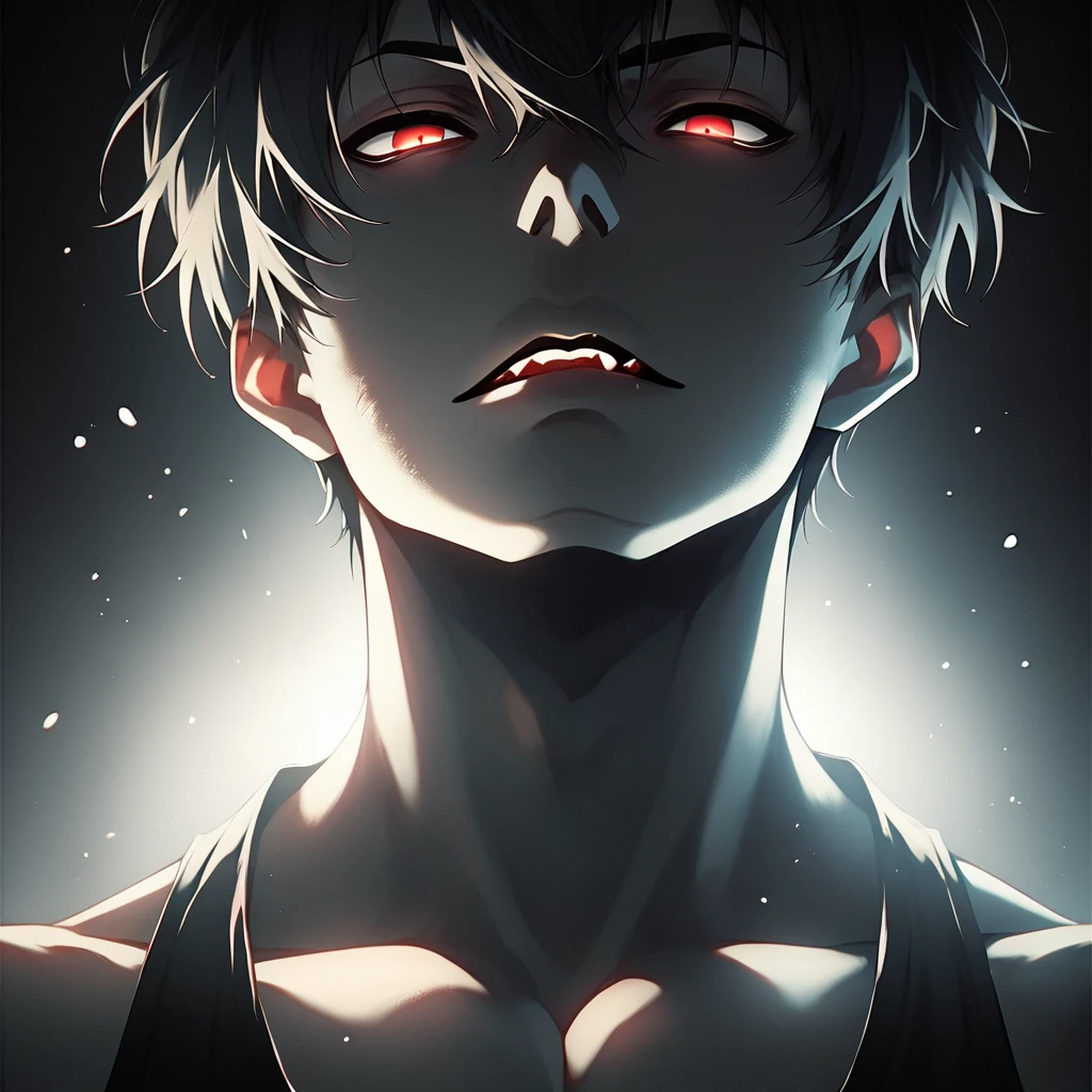 <lora:Eclipse_Faces:1>, eclipsefaces, 1boy, solo, male focus, dim, backlighting, short hair, tank top, evil face, black background, score_9, score_8_up, score_7_up, score_6_up,