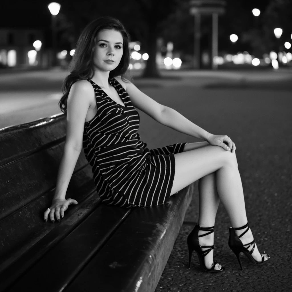 A black and white portrait of elise_trouw seated on a bench at night. She wears a sleeveless striped dress and strappy high heels. Her pose is relaxed; one arm rests on the bench, and the other rests on her knee. The background shows a city street illuminated by streetlights. The image conveys a serene and contemplative mood.