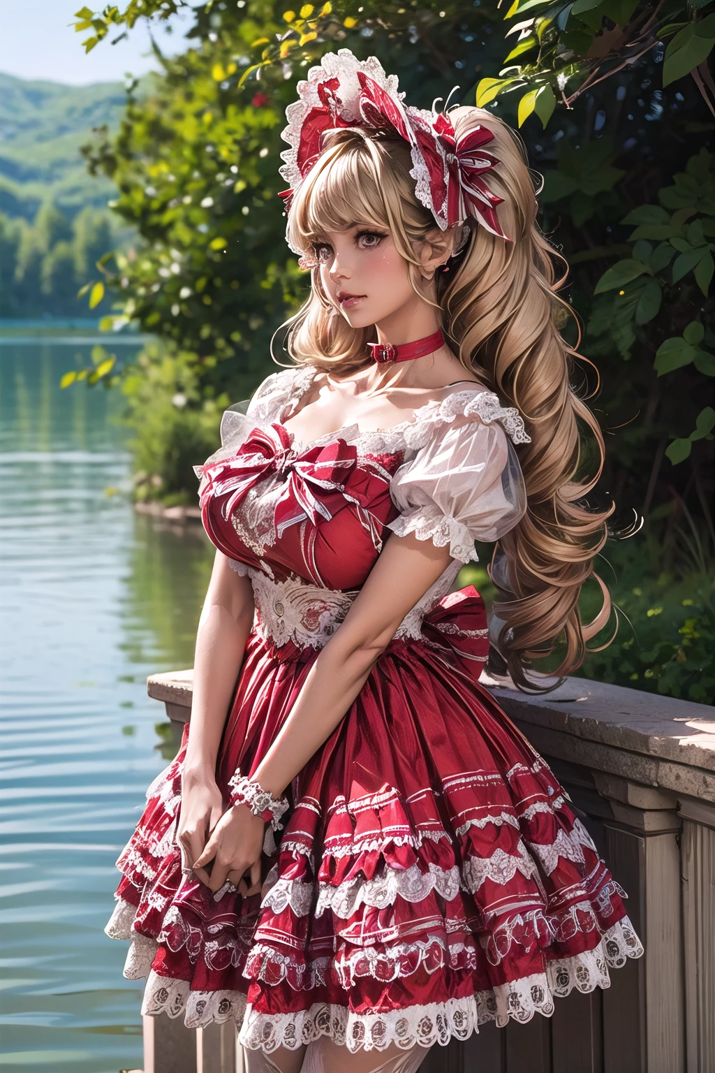 (masterpiece, best quality:1.2),illustration,8k,hd,1 girl,blonde hair,very long hair,solo,(collarbone:1.2),looking at viewer,twintails,
Chrismas G,red dress,short sleeves,puffy sleeves,lace-trimmed dress,frills,lace trim,dress bow,choker,frilled dress,bonnet,ribbon,bare shoulders,big breasts,outdoors,(day, lake:1.5),extremely detailed dress,crystalstexture skin,front view,