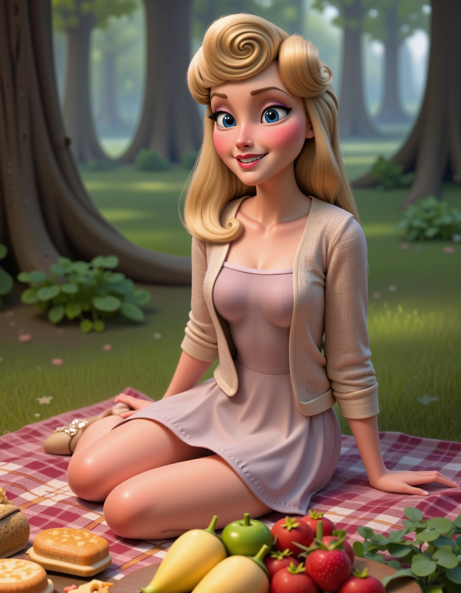 aurora, Briar Rose, casual aurora, Aurora is sitting on a checkered blanket in a clearing in the woods, wearing a light cardigan over a summer dress, with sandals. Her hair is adorned with wildflowers, and she’s arranging a picnic spread of fruits and pastries, smiling as she does, disney style