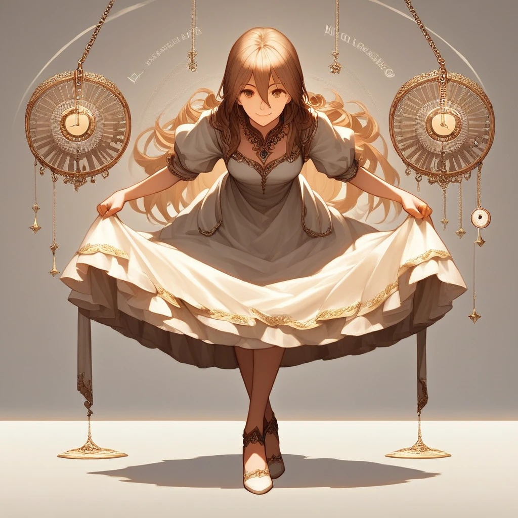 1girl, solo, looking at viewer, skirt hold bowing, leaning forward, source_anime, cowboy shot, crossed legs, dress, stand up, alone, looking at pendulum, detailed background, masterpiece, high res image, dynamic pose, full body, ultra-detailed, best quality, beautiful and detailed illustration, (nature:0.9), smile, hair between eyes, long hair, score_9, score_8_up, score_7_up, score_6_up, score_5_up, score_4_up, solo, concept art, jewelry