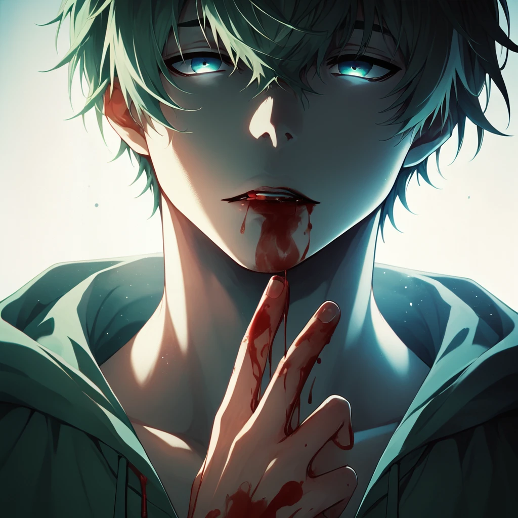 <lora:Eclipse_Faces:1>, eclipsefaces, 1boy, solo, male focus, dim, backlighting, green hair, hoodie, open eyes, finger on a lip, blood on hand, score_9, score_8_up, score_7_up, score_6_up,