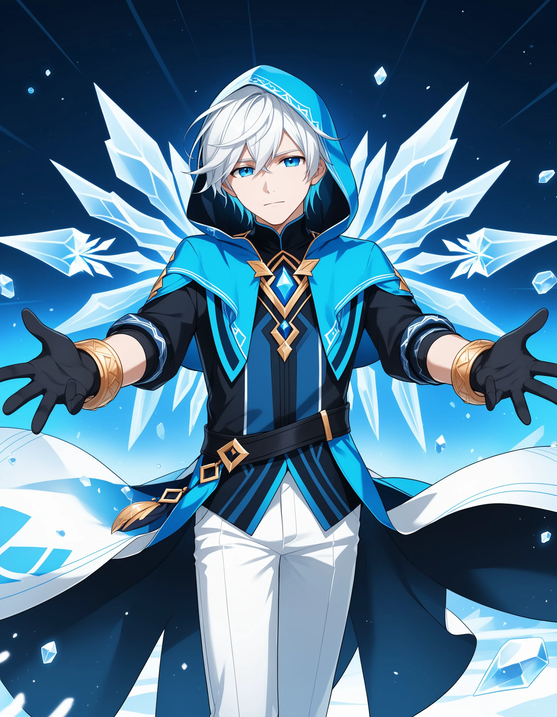 (masterpiece), best quality, expressive eyes, perfect face, ain, solo, looking at viewer, blue eyes, gloves, 1boy, jewelry, white hair, male focus, pants, hood, bracelet, outstretched arms, hood up, ice, blue theme, white pants, <lora:2a329c38-ef33-4eef-a68e-2bb001c5694e:0.7>