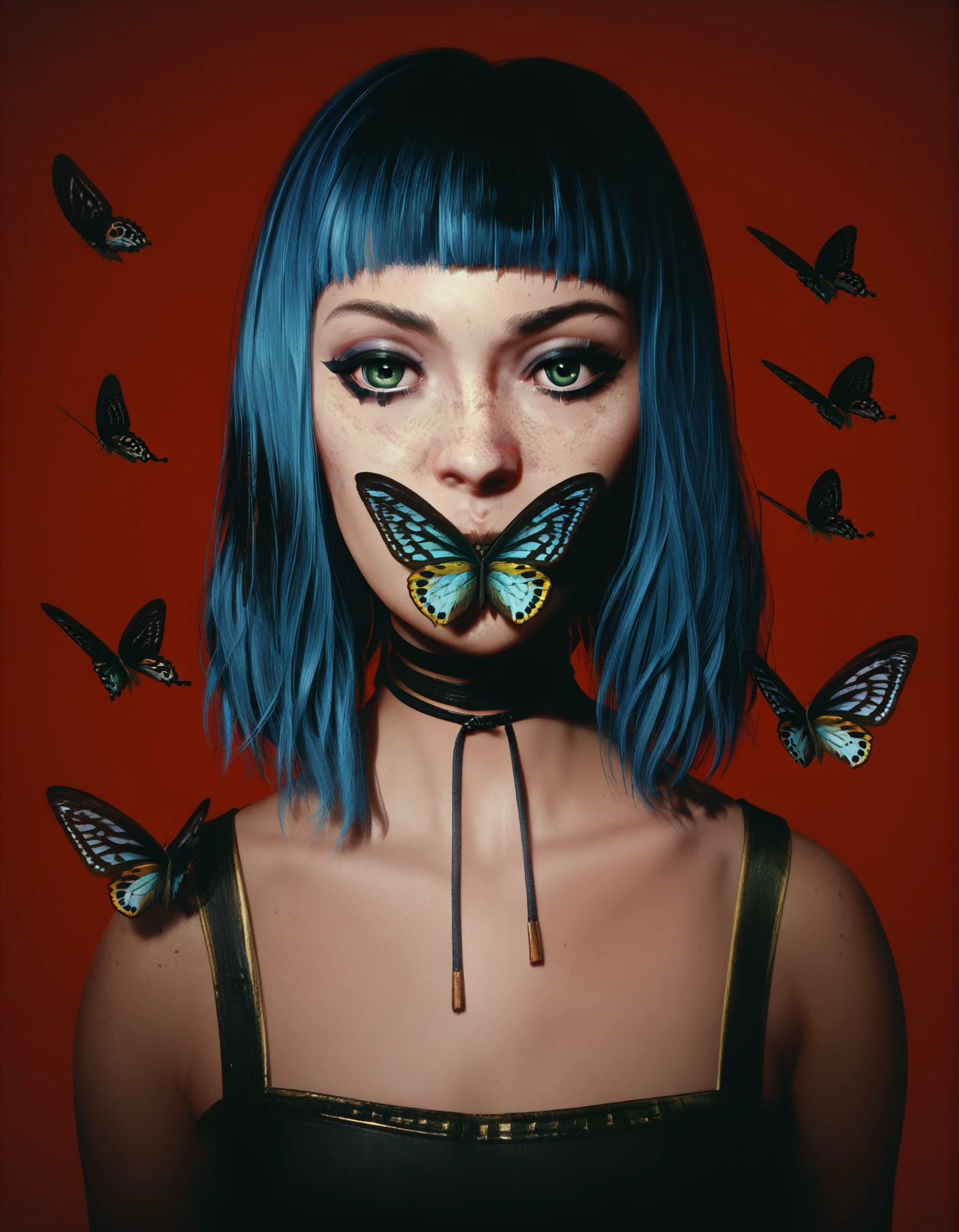 score_9, score_8_up, score_7_up, Rtx Graphics style, 1girl, solo, looking at viewer, bangs, simple background, green eyes, blue hair, choker, blunt bangs, makeup, bug, butterfly, red background, freckles, realistic, covered mouth