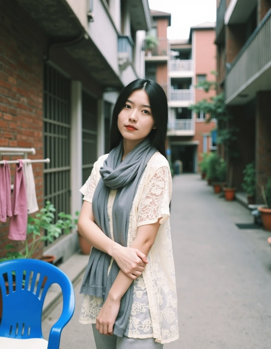 xiancheng, xiancheng, The photograph captures a young Asian woman standing in an urban, possibly Asian, alleyway. She is positioned slightly to the right of center, facing the camera with a contemplative expression. She has straight, dark hair tied back and wears a light cream lace blouse with short sleeves and a loose, grey scarf wrapped around her neck. Her arms are crossed over her chest, and she stands on a concrete ground with a slightly worn texture.The background features a narrow alleyway with a mix of modern and traditional elements. To her left, there is a small, blue plastic chair with a white cushion, and a laundry rack with pink cloth hanging from it. The alleyway is flanked by brick buildings with metal balconies and windows. A few potted plants and greenery line the alley, adding a touch of nature. The overall setting is urban and somewhat gritty, with visible signs of wear and tear. The photograph has a soft, natural light, enhancing the serene and contemplative mood of the scene.,  <lora:xiancheng_F1_V1.0_sampon:1.2>,