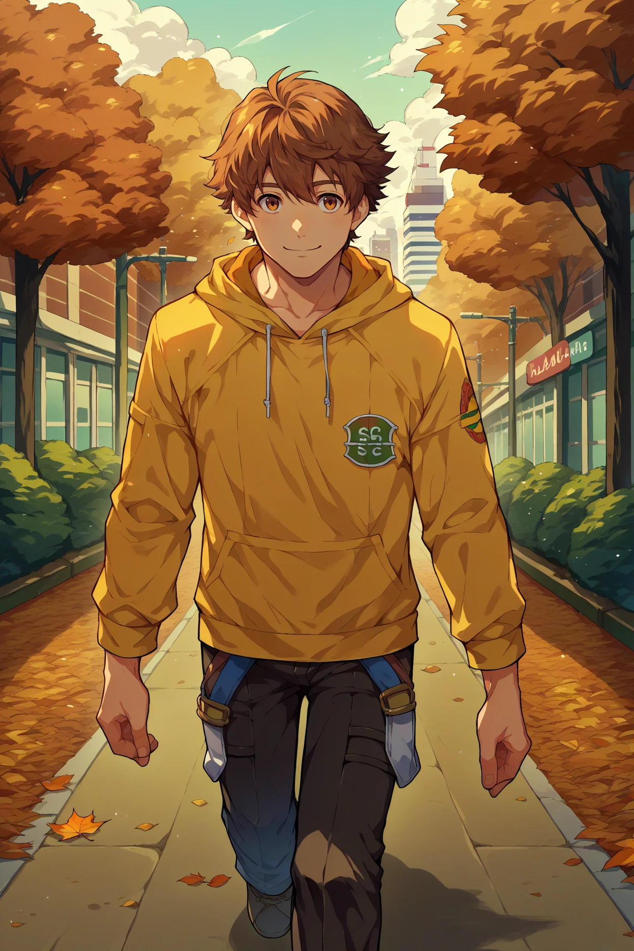 score_9, score_8_up, score_7_up, score_6_up, source_anime, 1boy, male focus, <lora:lloydbannings-pdxl-nvwls-v1:1> trailslloyd, brown hair, brown eyes, yellow hoodie, autumn, city, black pants, walking, smile, looking up