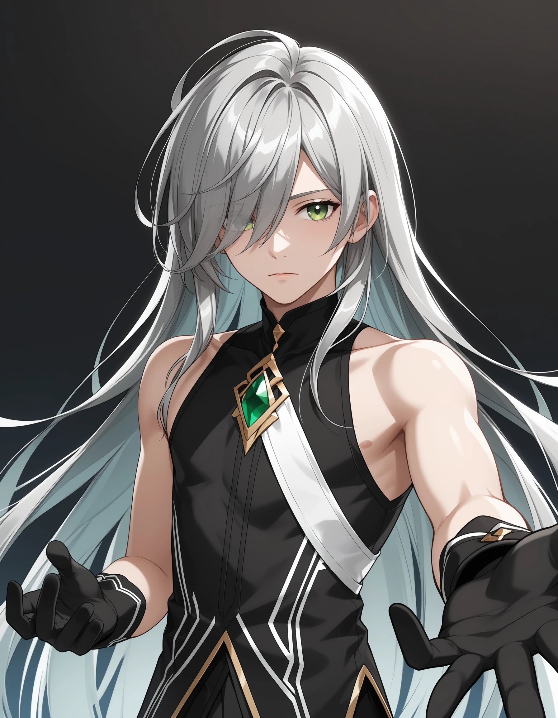 (masterpiece), best quality, expressive eyes, perfect face, ain, solo, long hair, looking at viewer, shirt, gloves, 1boy, bare shoulders, very long hair, closed mouth, green eyes, grey hair, male focus, sleeveless, black gloves, hair over one eye, sleeveless shirt, reaching towards viewer, <lora:2a329c38-ef33-4eef-a68e-2bb001c5694e:0.7>