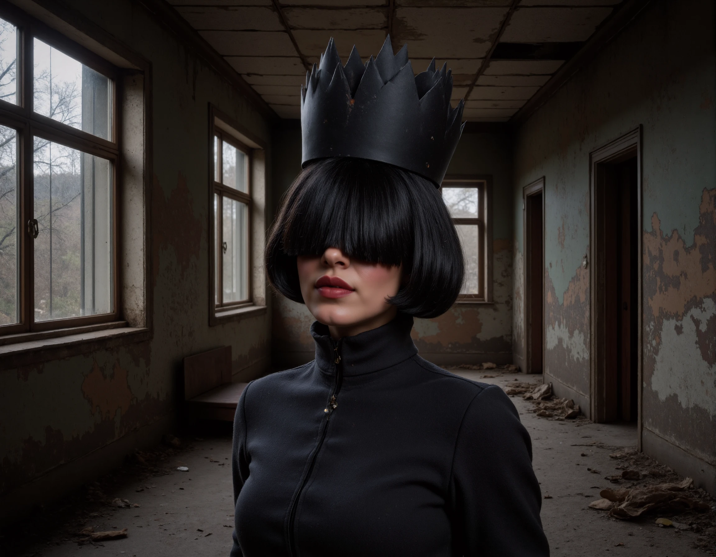 <lora:AntiBlur:3> <lora:The_Queen_21:1>, The_Queen_21, 
A chilling photograph of a woman standing in the decaying hallway of an abandoned asylum, where mold and grime creep up the crumbling walls. She has sleek, bobbed black hair that covers her eyes, adding to her mysterious and enigmatic presence. Her lips are painted a disturbing deep red, stark against her pale, almost ghostly skin. She is wearing a tall, jagged crown made of rusted black metal, the sharp spikes evoking a sense of twisted royalty. The crown towers over her, casting ominous shadows against the cracked and peeling walls. Her outfit is a tattered black straightjacket-like garment, fraying at the seams. The dim moonlight filters through shattered windows, creating eerie, distorted shadows across the floor. The atmosphere is thick with dread, and the womanâs regal yet otherworldly appearance suggests an unsettling connection to the madness that haunts the asylum. The mood is oppressive and terrifying, evoking a blend of horror and gothic elegance.