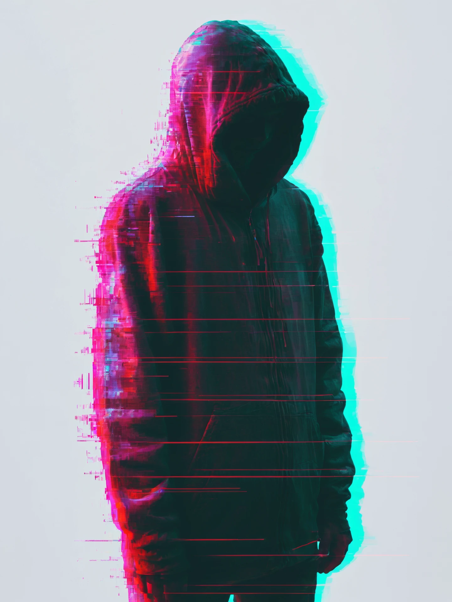 a heavily glitched graphic illustration of a man standing in a hoodie, ominous darkness instead of a face, light background. neo-seventies, <lora:Glitchcore_SDXL:0.9> gl1tchc0re