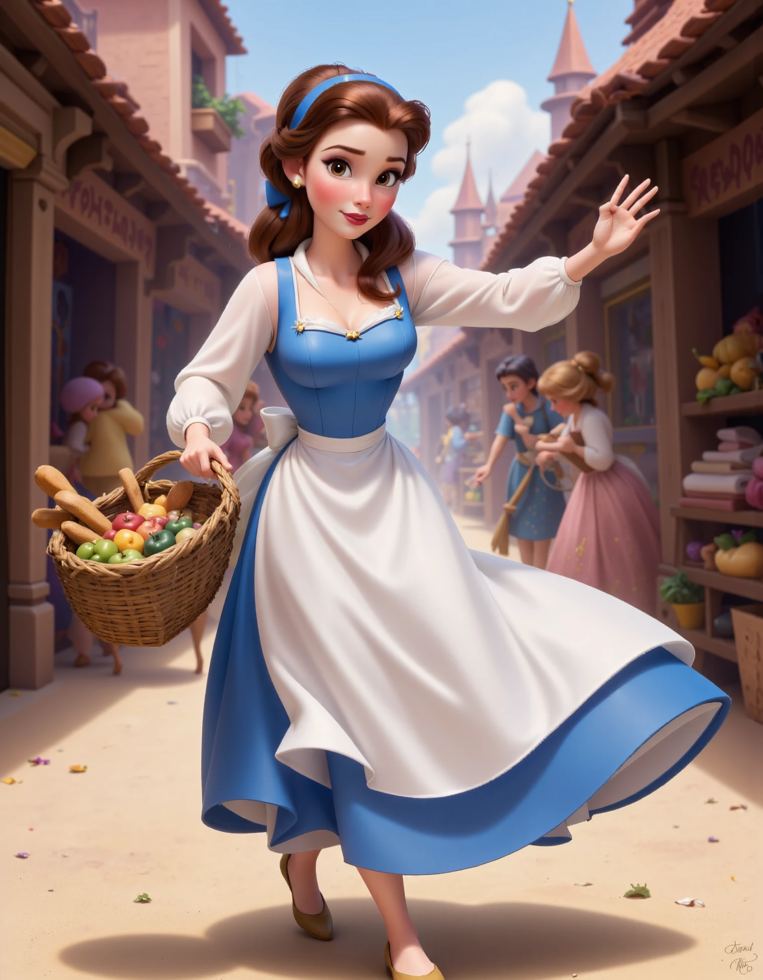 Belle, Belle in blue dress, Belle is walking through a bustling village market, wearing her blue and white peasant dress. She’s carrying a wicker basket filled with bread and produce, smiling warmly as she greets the townsfolk, her simple yet elegant dress swaying with her steps, disney style