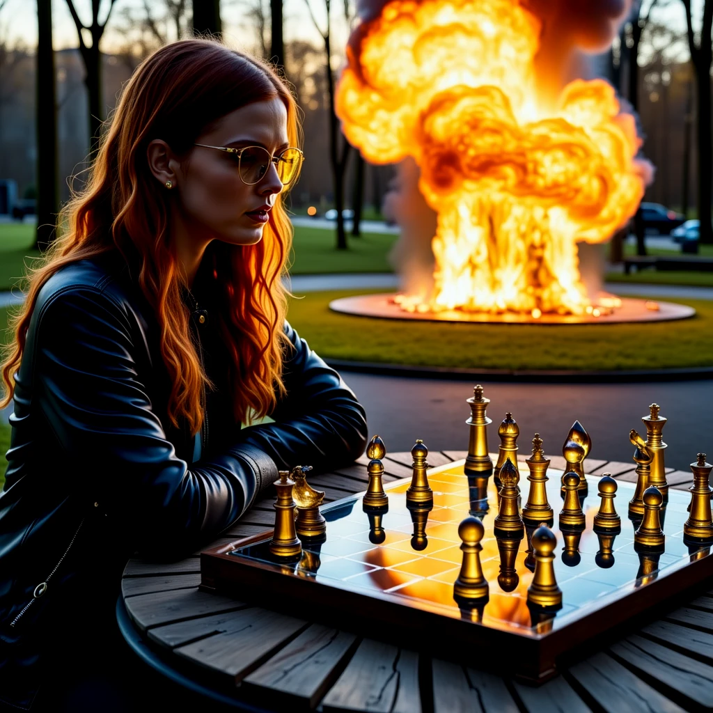 A woman with red hair, playing liquid glass chess at the park, a liquid glass bomb explodes in the background. Backlit.

LiqGlassCE style