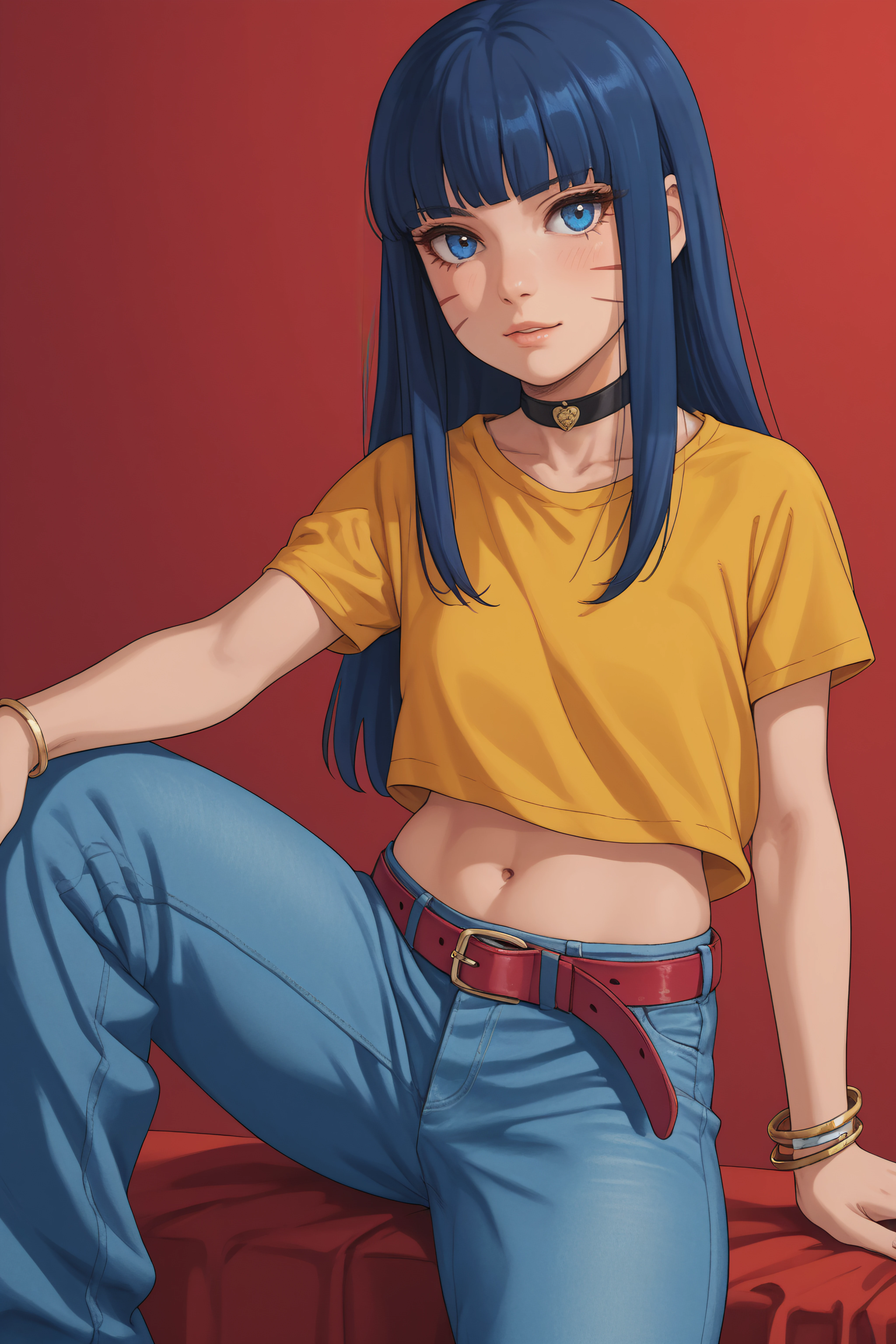 score_9, score_8_up, score_7_up, BREAK source_anime, <lora:Himawari Uzumaki-PonyXL-lora-Faxtron:1> himawari uzumaki, blue eyes, bangs, long hair, facial mark, black choker, yellow shirt, short sleeves, navel, jeans, belt, bracelet,