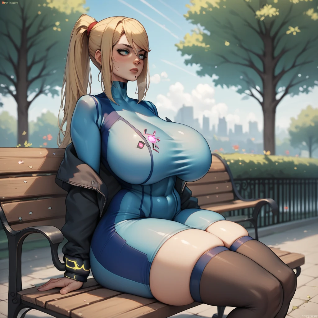 score_9, score_8_up, score_7_up, score_6_up, score_5_up, score_4_up, source_anime, thighhigh skindentation, thick thighs, thighhighs, skindentation, extreme skindentation, hyper skindentation, samus aran, sitting, outdoors, bench, park,