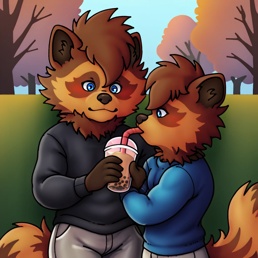 score_9_up, score_8_up, score_7_up, source_furry, silver.exe, blue eyes, brown fur, raccot, black sweater, gray shorts, holding, bubble tea, park