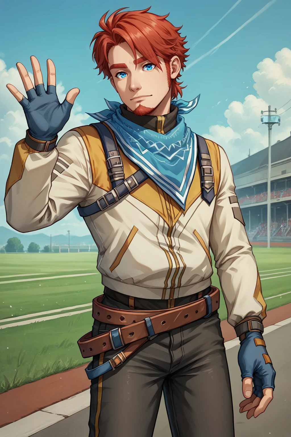 score_9, score_8_up, <lora:NSArloPortia:1> NSArloPortia, red hair, blue eyes, goatee, blue neckerchief, track jacket, harness, brown belt, black pants, fingerless gloves, waving