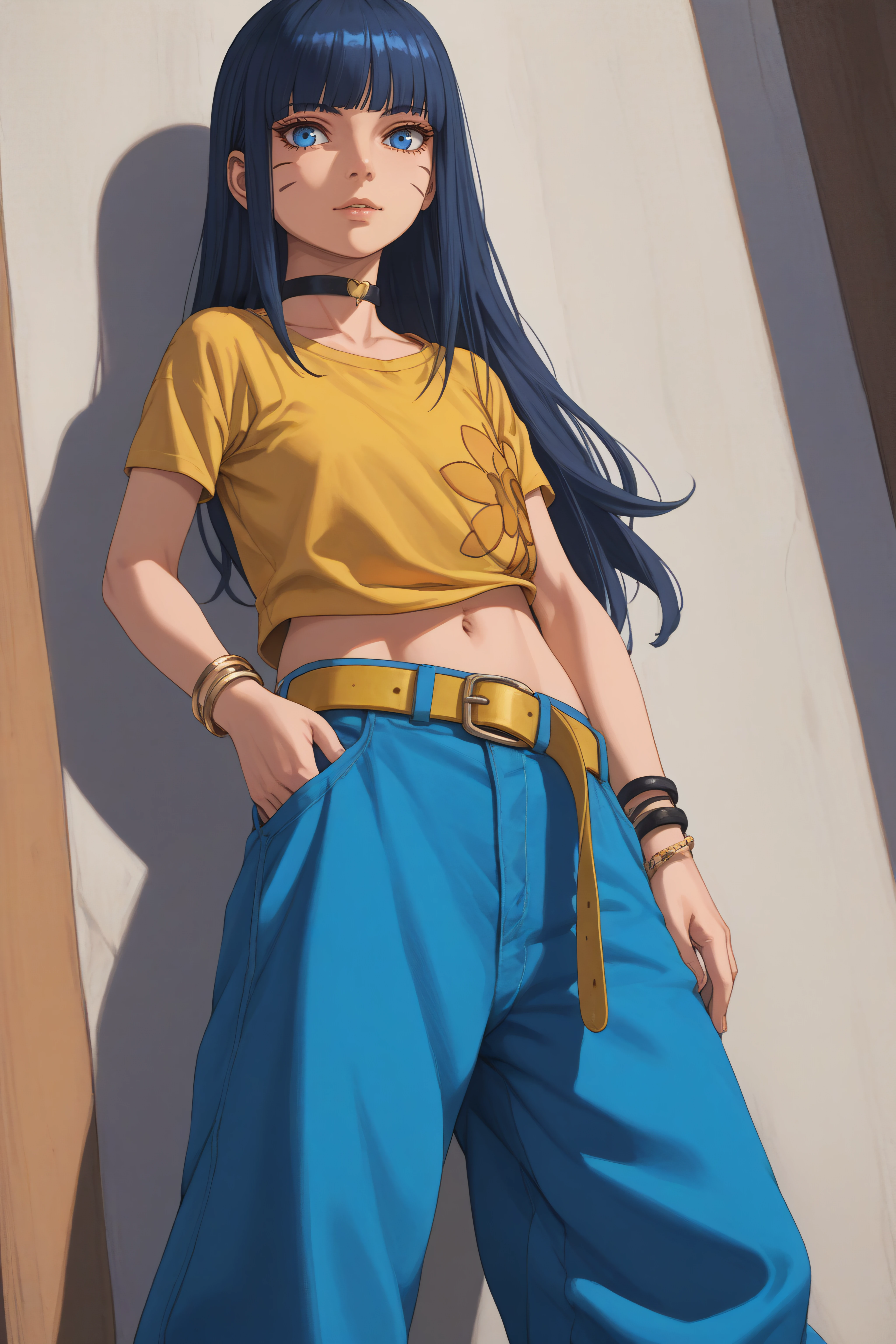 score_9, score_8_up, score_7_up, BREAK source_anime, <lora:Himawari Uzumaki-PonyXL-lora-Faxtron:1> himawari uzumaki, blue eyes, bangs, long hair, facial mark, black choker, yellow shirt, short sleeves, navel, baggy blue pants, belt, bracelet,