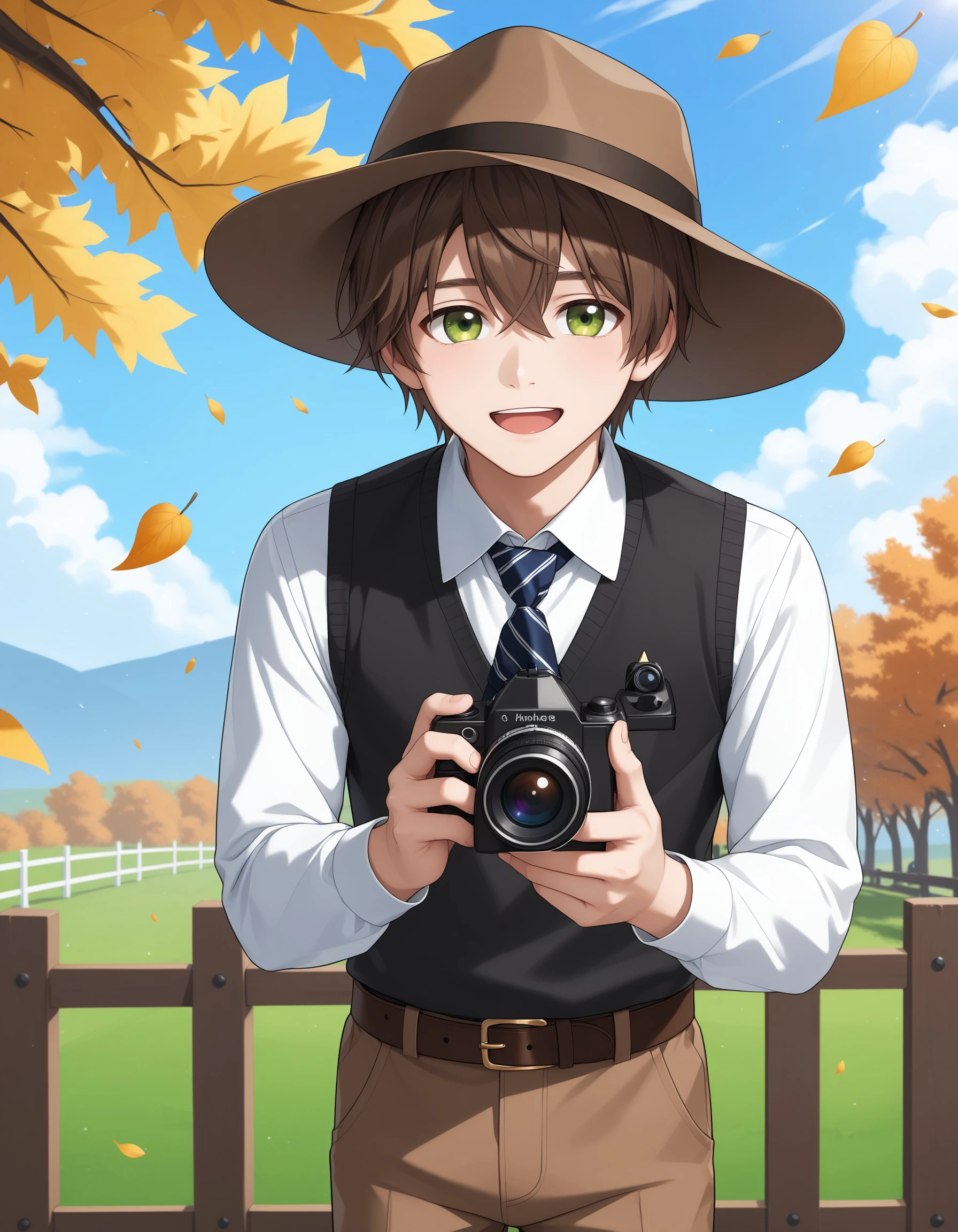 (masterpiece), best quality, expressive eyes, perfect face, ain, solo, looking at viewer, smile, short hair, open mouth, brown hair, shirt, 1boy, hat, holding, hair between eyes, green eyes, white shirt, :d, male focus, outdoors, sky, day, collared shirt, belt, pants, cloud, sweater vest, fence, camera, brown headwear, brown pants, falling leaves, holding camera, <lora:2a329c38-ef33-4eef-a68e-2bb001c5694e:0.7>